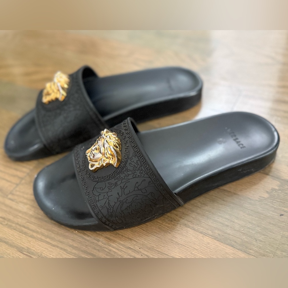 Versace Black Sandals with Gold Lion Detail